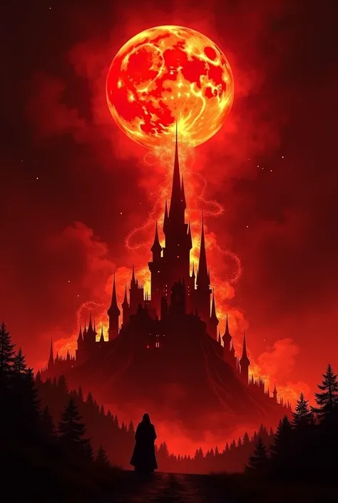 Close up of fires and huge red flames outside a castle at night under a red moon at night, nightmare, dream-like, highest detail, highest quality, highest definition 