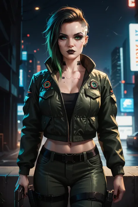 Female Black eyeshadow black eyeliner green eyes wearing a cyberpunk spiky jacket with black cyberpunk cargo pants 9mm in hand 