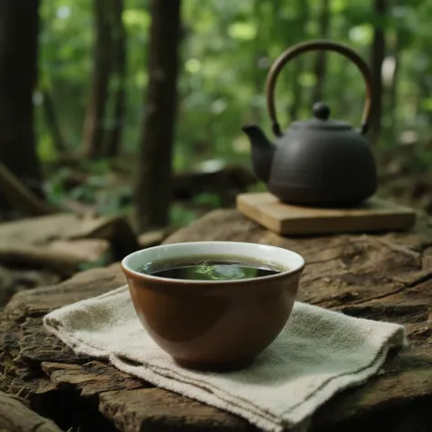 forest background, A cup of very black clear herbal medicine in a small bowl, a Simple ceramic teapot, A linen rag is placed under the cup, masterpiece, best quality, detailed, high resolution, photorealistic