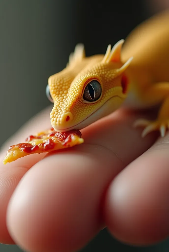 Capture a close-up video with shallow depth of field, showing a tiny golden dragon eating a finger-sized pizza, resting gently on human fingers. Highlight the delicate textures, with soft shadows enhancing the details of the miniature creature. Background ...