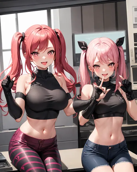 (masterpiecer, best quality), VELVET HH, DARK EYESHADOW,  white eyes, red sclera , pink hair near MM, two-tone hair, twin tails, long hair, (Black Jacket), (Black Crop Top:1.4), (Heart Design:1.2),  fingerless gloves ,  elbow gloves , (Vertical Striped Pan...