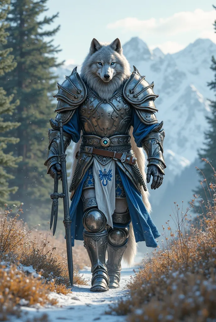 front view,gallant knight with gray Wolf Head, blue-eyed ,and human body,Gray hairy athletic body ,wears epic colossal combat armor,with blue jewel ornament The epic,combination of silver,and blue,wears white batik motif belt fabric,Walks forward in the mi...