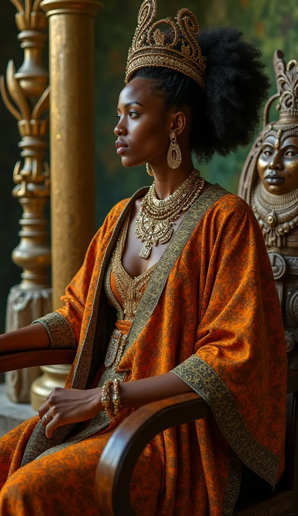 "Une majestueuse et mystérieuse sorcière africaine, inspirée de Karaba, assise sur un trône doré au cœur d’un palais mystique. Elle est vêtue d’une robe en tissus traditionnels aux motifs africains luxueux, ornée de broderies dorées scintillantes. Sa peau ...