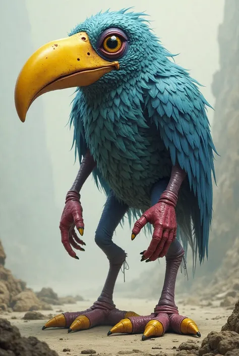 big bird blue humanoid with yellow pupil, black iris, pinkish red hand, purple-blue legs, dark yellow feet, burgundy eyelids, very long yellow beak
