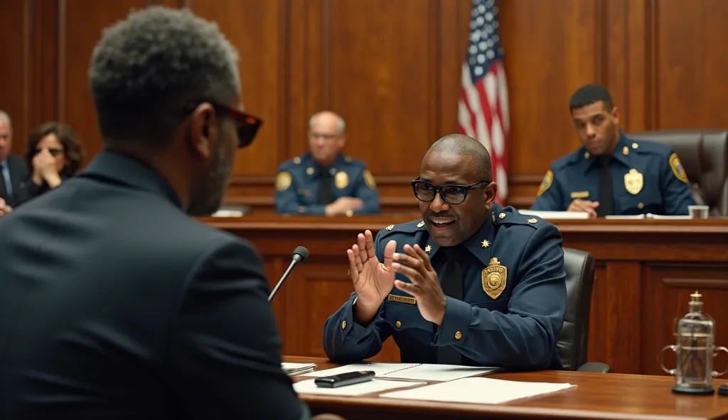 An overconfident police officer sits on the witness stand in a grand courtroom, smirking as he testifies. He gestures mockingly while the judge watches with a stern expression. In the foreground, a blind Black woman in sunglasses sits at the defendant’s ta...