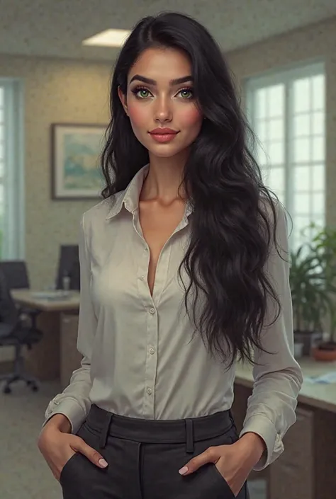 A young Arab woman in her mid-20s, long black hair, bright green eyes, wearing a formal blouse and trousers, standing in an office environment, confident posture, realistic style, soft lighting, detailed facial expression.