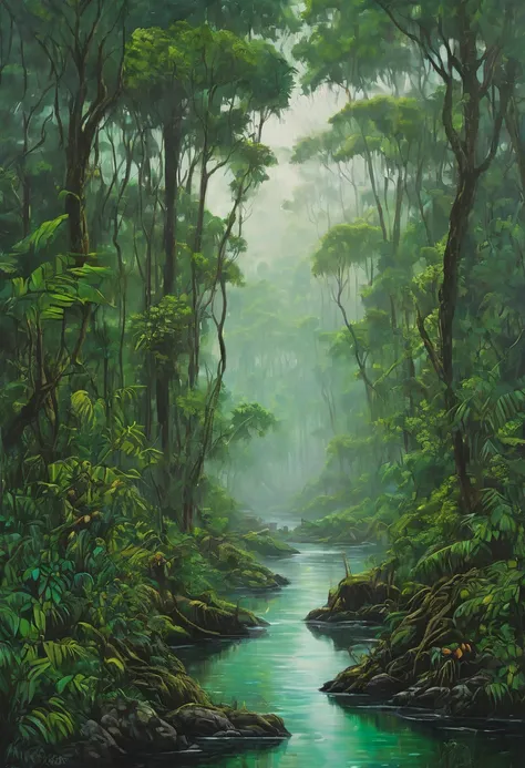 Oil painting, the focus of the image is to create a forest landscape with hidden beings. Brazilian Amazon rainforest, Rio in the middle , dark green trees around the river, the sky is cloudy and the weather is starting to close, the scenery is a little dar...