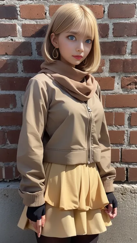 ((layer skirt:1.3))、(camel colored long sleeve zip blouson with front closure)、(gloves:1.3)、scarf、tights、blond hair、 blue eyes、standing in front of a brick-colored brick wall、greatest masterpiece:1.3、Best Quality、Raw photo quality、16k、super detailed depict...