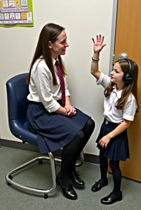 A high school student wearing a uniform skirt and tights with Mary Jane heels is sitting in the nurse's office for a hearing screening. The student raises her hand to signal she hears the tone in the headphones.