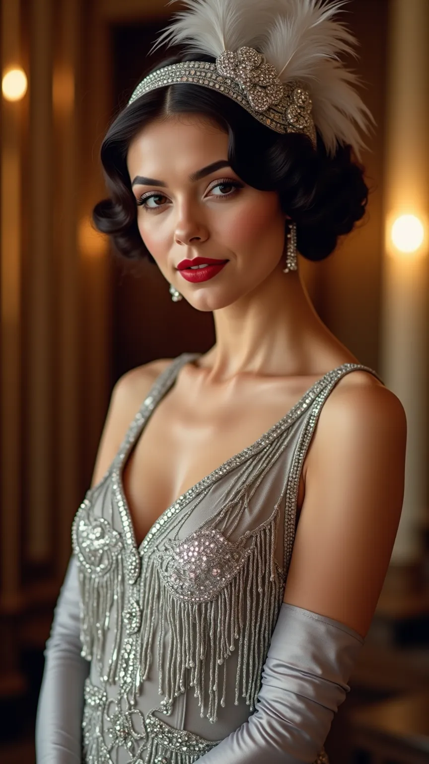 close up, sharp focus, A dazzling brunette British aristocrat in an opulent 1920s setting, wearing a stunning silver mini dress adorned with shimmering sequins and glittering beadwork. The dress is intricately designed with Art Deco patterns, featuring cas...