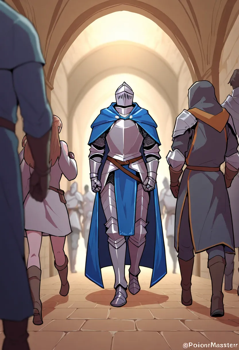 simple background, (macro size: 1.1), medieval, fantasy, walking in hallway, (multiple people: 1.2), wizard, potionmaster, knight, (height difference: 1.2), size difference, (closeup legs)