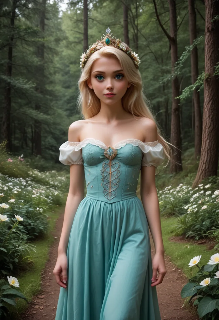 (Disney Rapunzel very skinny sexy beautiful with blue eyes 8K) Deep within an enchanted forest, a princess with a wild, untamed beauty stands before a mysterious figure. Her flowing, off-shoulder dress is woven from silk and ivy, blending seamlessly with t...