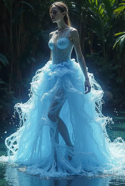 Create a voluminous dress made of Water, But like a fountain in the skirt something with that effect of water flowing down