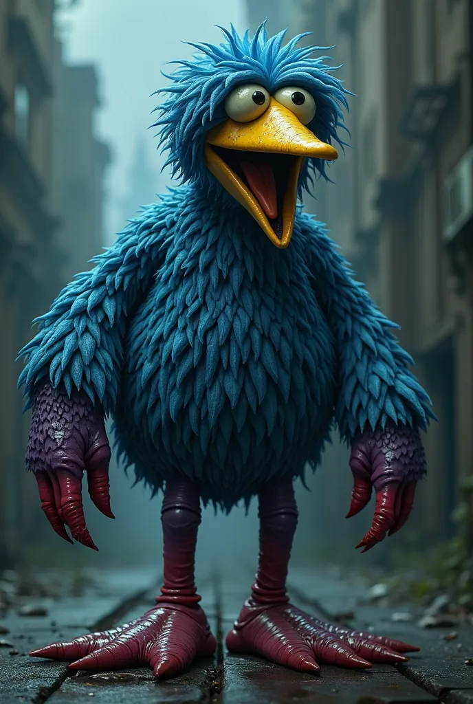 big bird blue form sesame street with yellow pupil, black iris, pinkish red hand, purple-blue legs, dark yellow feet, burgundy eyelids, very long yellow beak,horror version