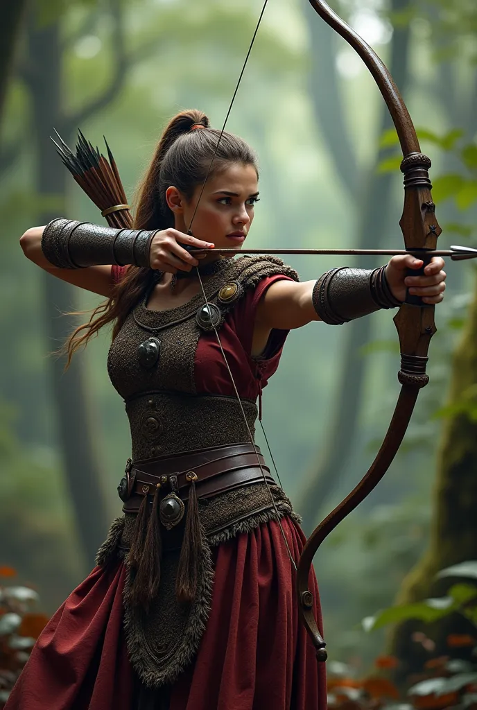 Masterpiece, best quality, photo realistic of an Viking traditional archer in war armor outfit shooting an arrow, bow and arrow in her hands, aiming, traditional tribal outfit, full body, attractive curved body, intricate, highly detailed, blurry backgroun...