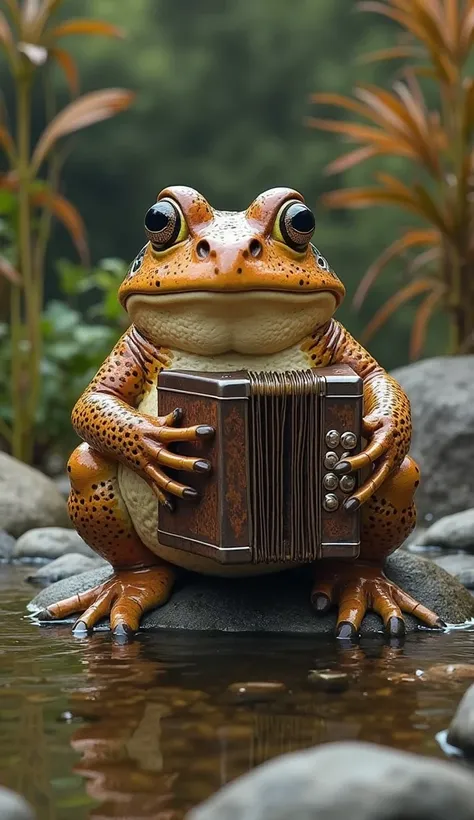 
"A realistic cururu frog, Brown and black playing accordion. The Cururu frog must be seated when playing the instrument in detail. The setting should be a highly realistic pond with surrounding rocks and plants."

