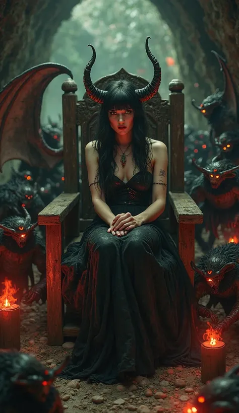 " A fair-skinned woman ,  black hair and green eyes, sitting on a rustic wooden chair, surrounded by small demonic creatures ( Horns, glowing eyes,  bat wings). She wears a dark and elegant dress,  with an expression of pain and pleasure , as the creatures...