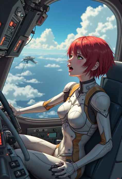 Absurd resolution, high resolution, (masterpiece: 1.4), hyper-detail, 1 young woman, short red hair, pilot suit, rich princess, sitting in an extremely narrow closed mecha control room, expression scared crying open mouth call (1.3), in the sky