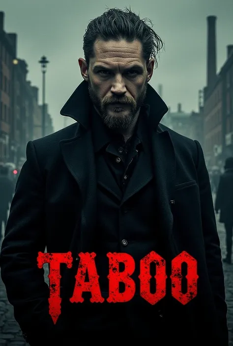 Create a dark and atmospheric poster featuring James Delaney (Tom Hardy) standing in the shadows of 19th-century London, his face intense and his eyes piercing. Behind him, the city’s foggy streets and industrial skyline are visible, with faint silhouettes...