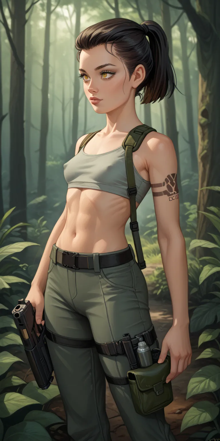 (sci-fi style), amber brown eyes, black hair,  sexy face, full body, short ponytail hair, skinny, small breasts, sci-fi style, pistol, unloading, forest, trousers, holster, army bag,  sci-fi style, 