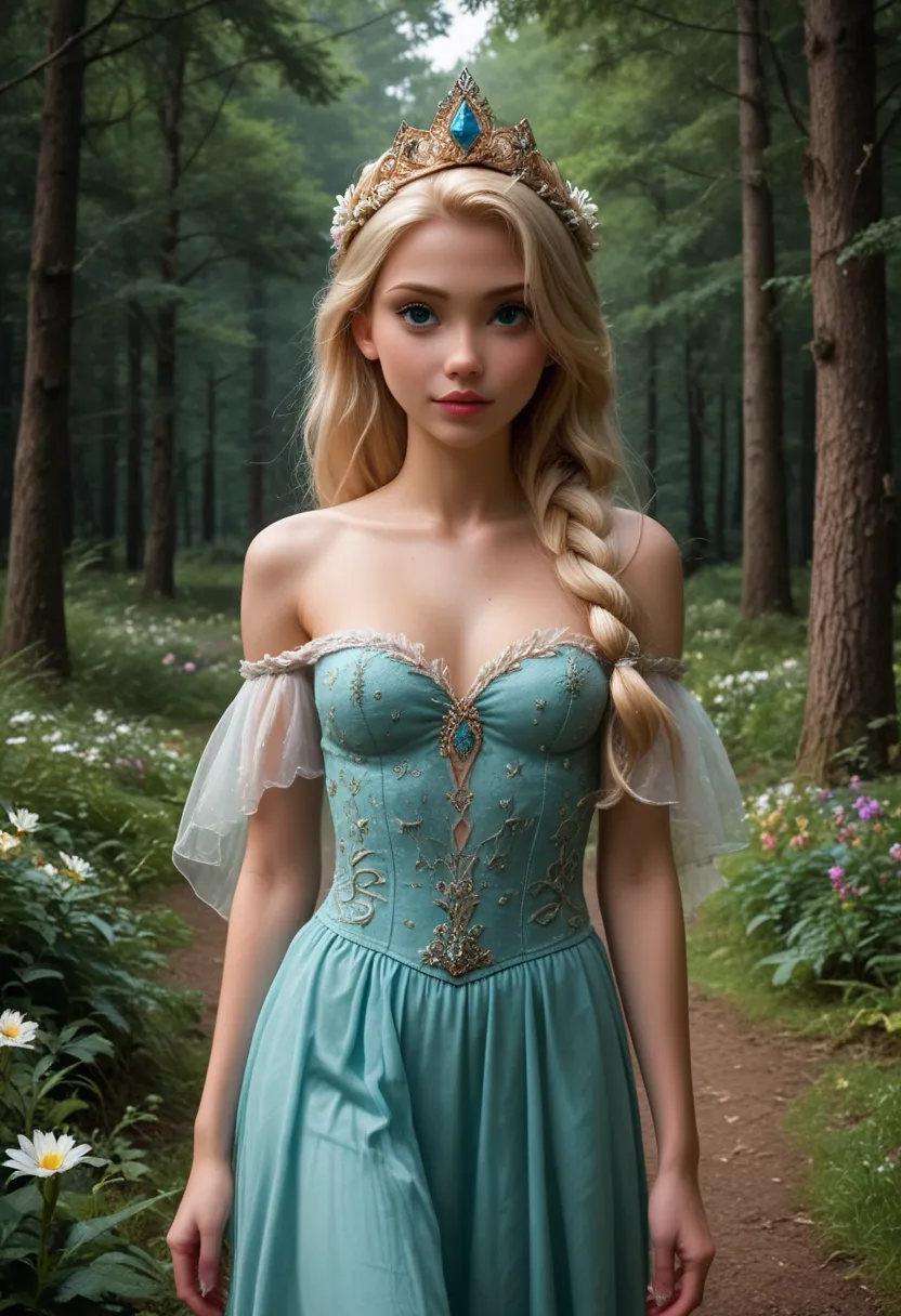 (Disney Rapunzel very skinny sexy beautiful with blue eyes 8K) Deep within an enchanted forest, a princess with a wild, untamed beauty stands before a mysterious figure. Her flowing, off-shoulder dress is woven from silk and ivy, blending seamlessly with t...