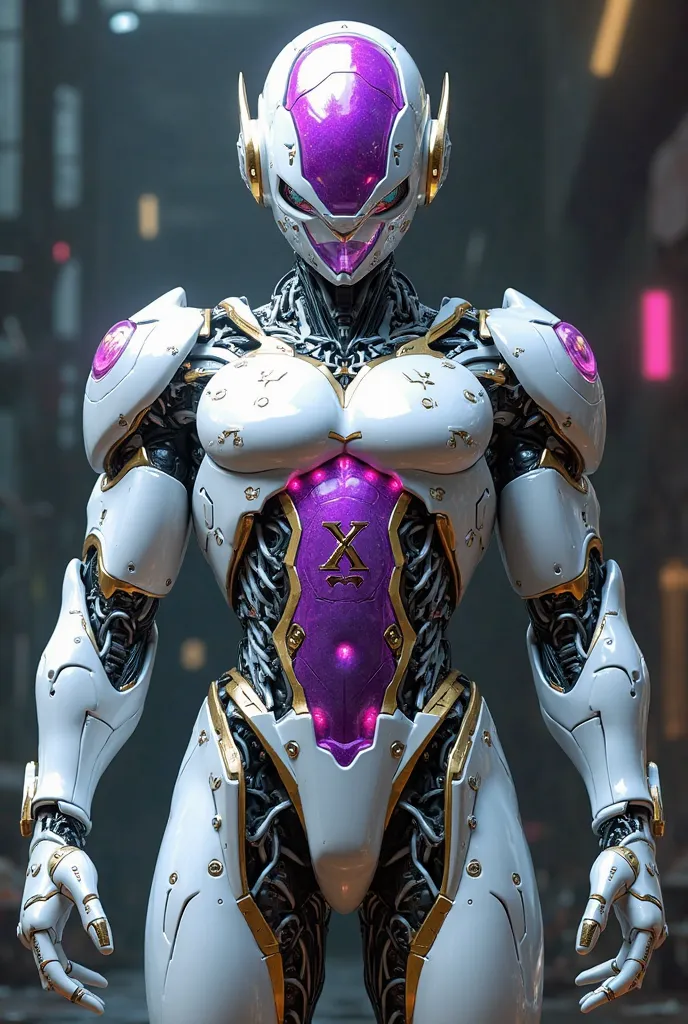 Featuring Cybrog Frieza action.  full body , which is detailed and complicated, cyborg. The design consists of white, metallic, and gold , in the center purple with the sign X a combination of metal components, and detailed and intricate mechanics, includi...