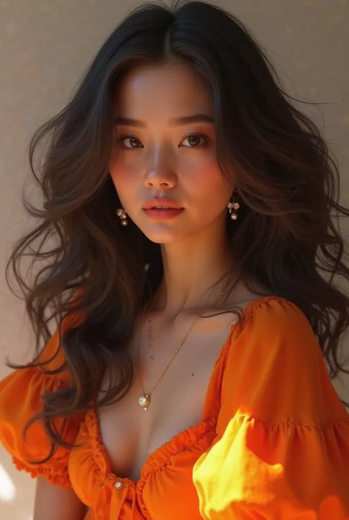  portrait of a woman : The image shows a young woman with long hair, smooth and dark.

Clothes and colors: She wears a vibrant orange blouse with puffy sleeves. Disney Pixar 3d version
