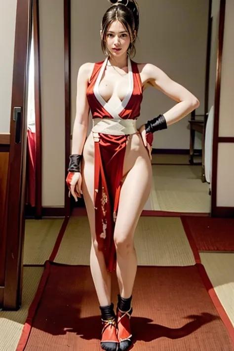 mai shiranui, (Full body:1.6), (black satin tabi:1.3), (wearing fitted black tabi:1.5), (Photo realistic:1.2), (masterpiece:1.2), (Best Quality), (ultra-detailed), (8K, 4K, Convoluted), (Flat Lighting:1.2), (skinny), Prestige, Brown eyes, Long brown hair, ...