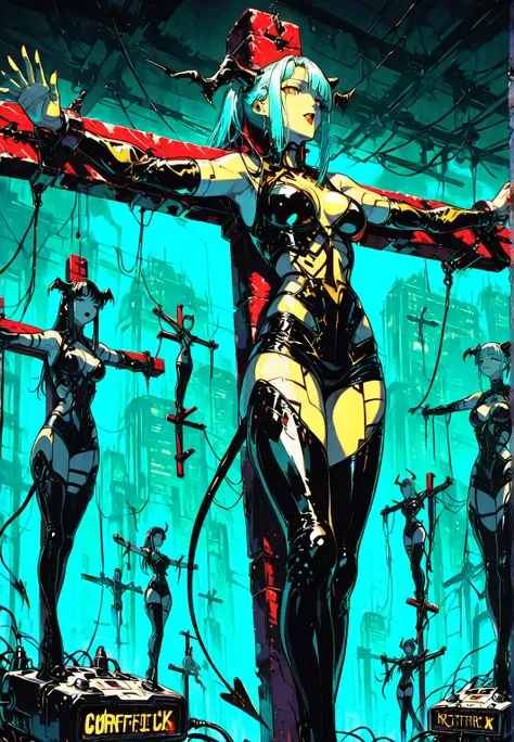 front view:  demon girl , yellow-skinned breasts, Horns, TAIL , latex costume,  robotic circuits , breasts, devices futuristic, Desperate , ((
crucifixion pose inverted)), circuits, . Background: cyberpunk factory. dark atmosphere.