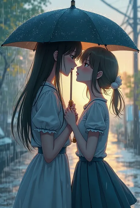 girls in the rain on an umbrella about to kiss , her looks reflect the desire to kiss the other , one girl is tall and the other is a little shorter , anime