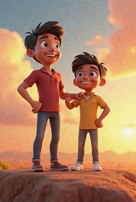 In 3d animation style " Raj finally solving his problem, standing tall and smiling, with Mohan standing beside him, both looking proud and confident in front of a bright horizon.