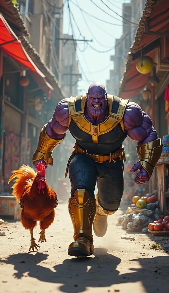 Create a highly detailed and vibrant digital artwork of Thanos, the iconic Marvel villain, chasing a red rooster through a densely populated urban alleyway. Thanos should be depicted in his signature purple skin, wearing his black and gold armor, with a de...