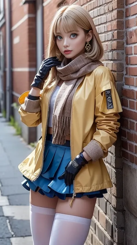 ((layer skirt:1.3))、(camel colored long sleeve zip blouson with front closure)、(gloves:1.3)、scarf、tights、blond hair、 blue eyes、standing in front of a brick-colored brick wall、greatest masterpiece:1.3、Best Quality、Raw photo quality、16k、super detailed depict...