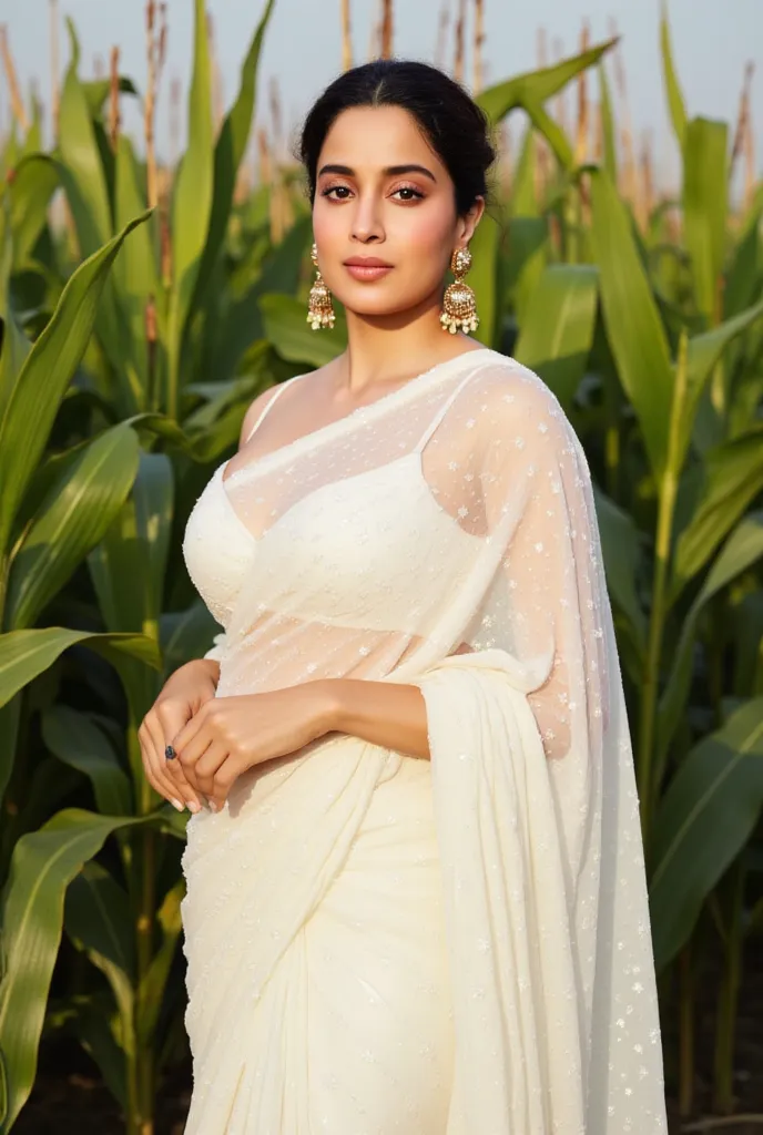 A beautiful 30 years old Indian girl in a radiant white  colour traditional saree, and conservative ethnic  red blouse, Flaunting her curvy and curvy figure in a skin tight salwar suit, in a corn farm somewhere in Punjab, Glow on face, Perfect facial featu...