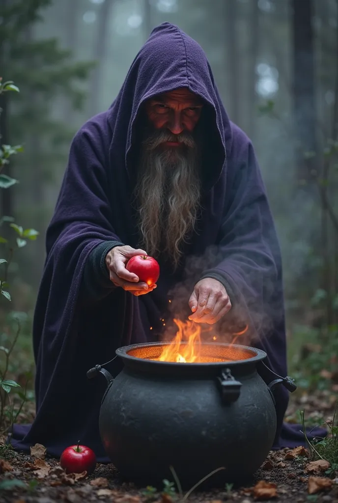 A Witch Wearing an Almost Black Purple Hood. With an aging face. In front of a Boiling Water Cauldron, with a red apple in his hand, About to throw the apple into the cauldron. The environment around should be shady and foggy on the ground.. 