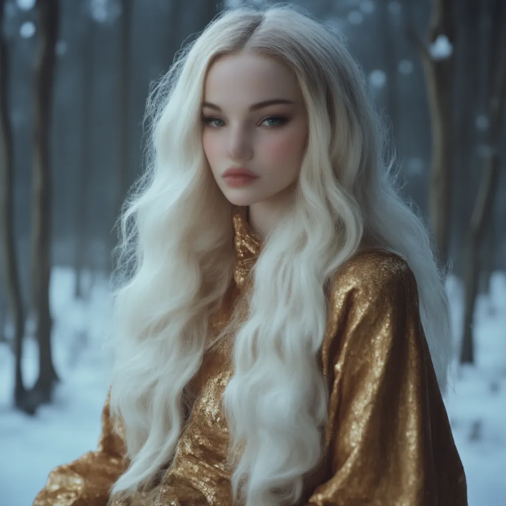 Beautiful 20 year old woman,  with long wavy white hair, Amber-eyed , with a golden robe 