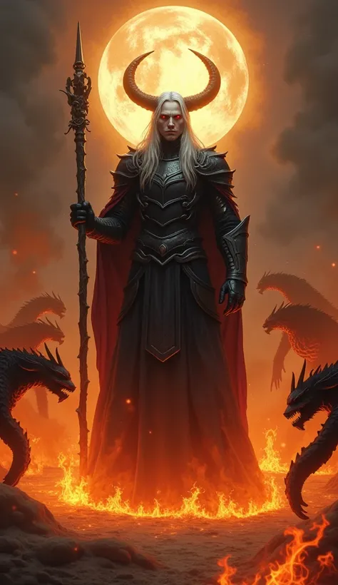  a tall and stately man (Samael), pale skinned, silver hair and red eyes, standing in a circle of fire, summoning demons from the depths. He wears black armor and holds a scepter of bones. around, demons of varying shapes emerge from the flames. The scene ...