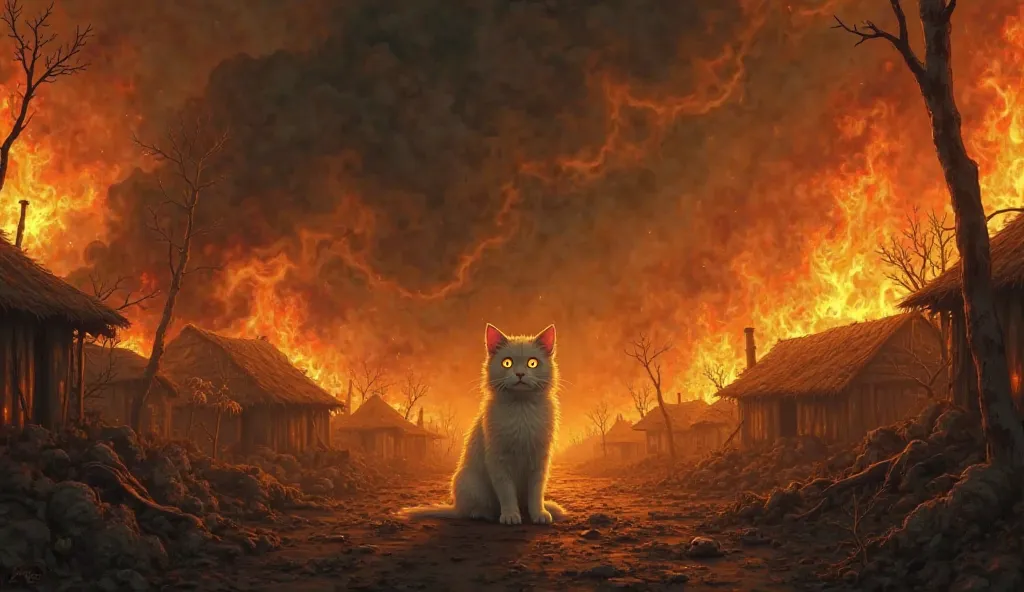 A small village is engulfed in roaring flames, with thick black smoke spiraling into the sky. The crackling of burning wood echoes through the air as villagers scramble to save what little they can. Amidst the chaos, a white cat stands at the edge of the f...