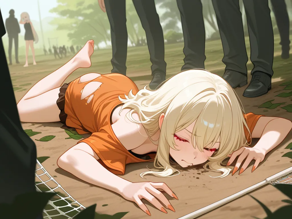 Overhead shot of A very short young anime girl with long white frizzy hair stained with green and adorned with sticks and leaves, with pink fierce eyes, and sharp nails, laying faced down on the ground, eyes closed unconsciously, wearing a worn and ripped ...