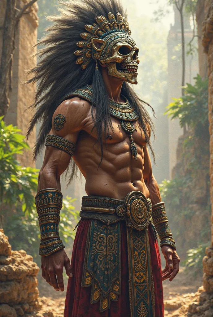 Aztec warrior with a jaguar plume and whose warrior's face is a skeleton 