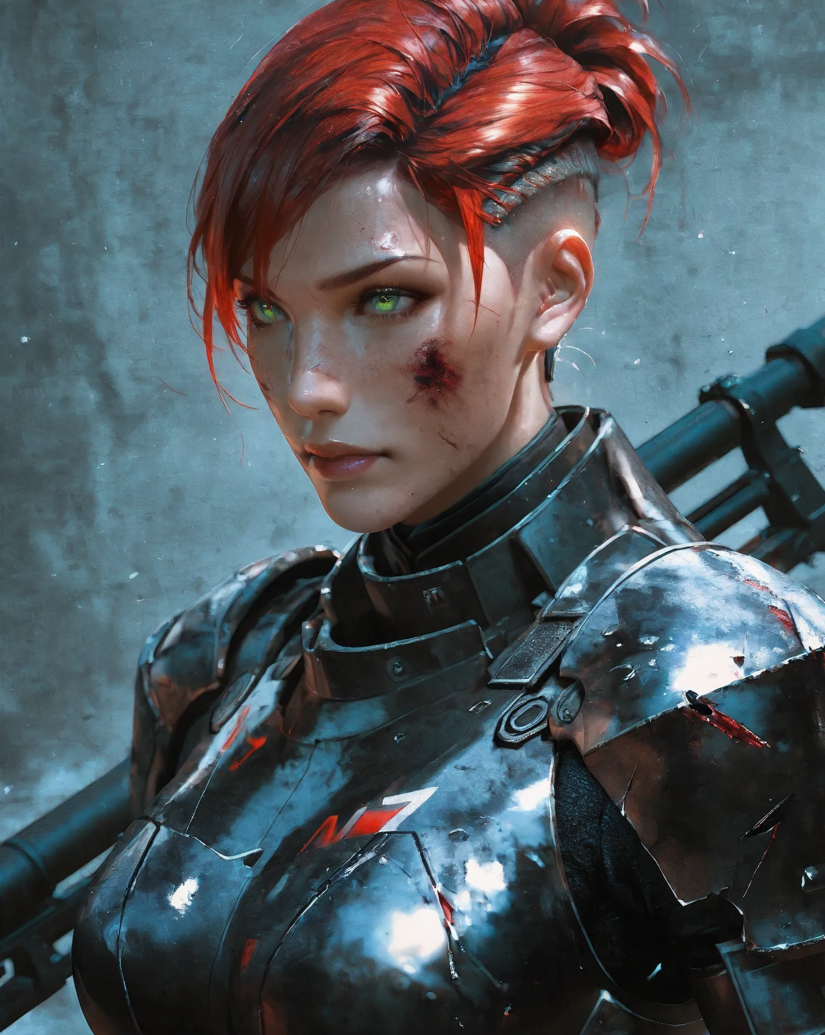 Photograph, photorealistic, 1woman, solo, femshepxl, crimson hair, (undercut hairstyle), emerald green eyes, (black and red) N7 armour, damaged armour, medium breasts, ((all-black) anti-materiel rifle:1.22), shooting from cover 