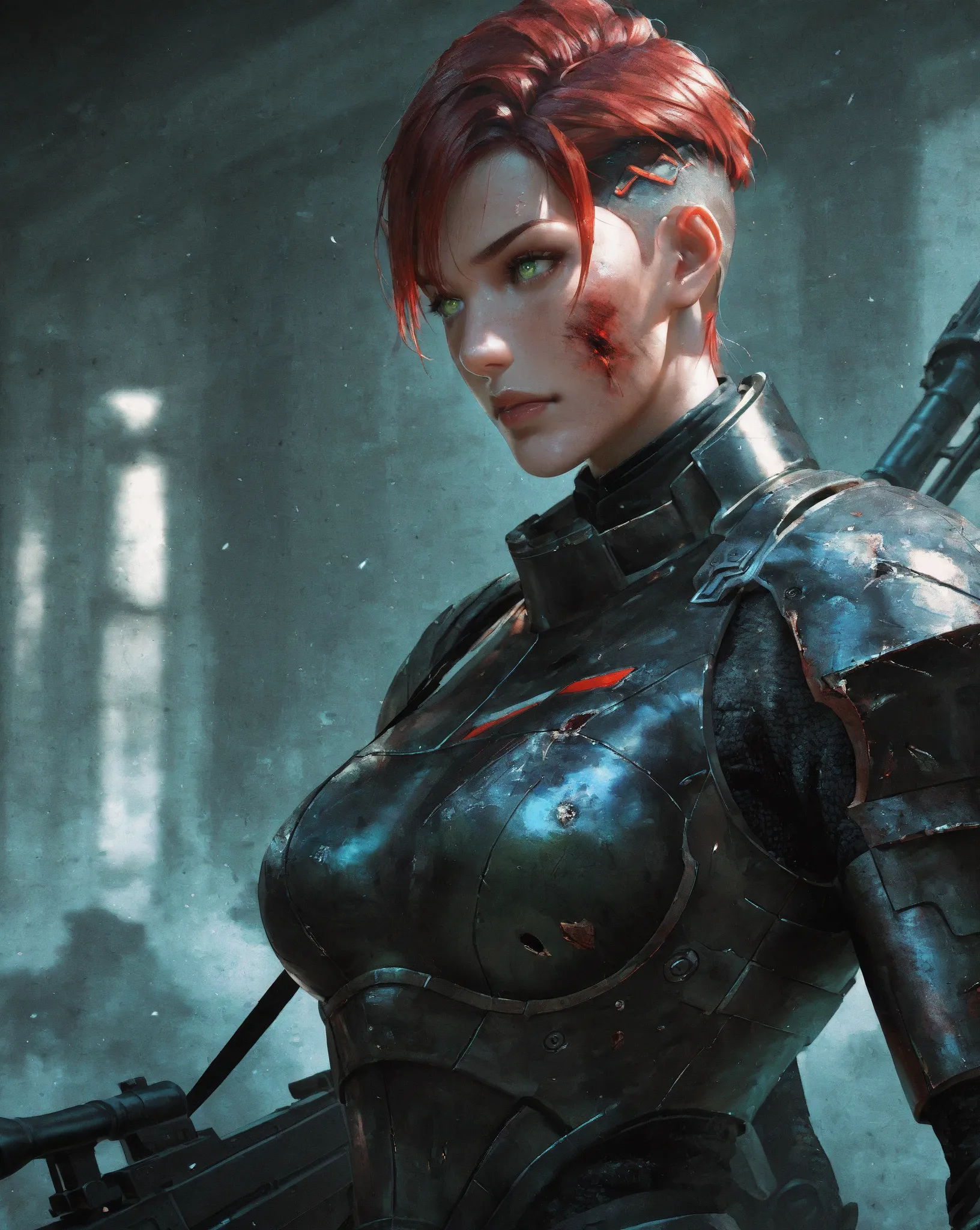 Photograph, photorealistic, 1woman, solo, femshepxl, crimson hair, (undercut hairstyle), emerald green eyes, (black and red) N7 armour, damaged armour, medium breasts, ((all-black) anti-materiel rifle:1.22), shooting from cover 