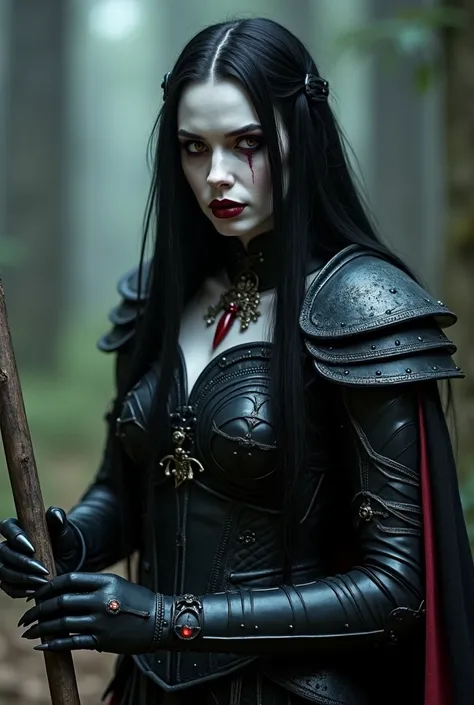 a stunning white-skinned gothic vampire warrior woman with very long black hair down to her feet, wearing a black gothic armor, holding a war axe, red eyes, dramatic eye makeup, sharp nails, (best quality,4k,8k,highres,masterpiece:1.2),ultra-detailed,(real...