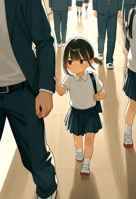 simple background, (macro size: 1.1), school, walking in hallway, (multiple people: 1.2), (height difference: 1.2), size difference, (closeup small girl running into a leg)