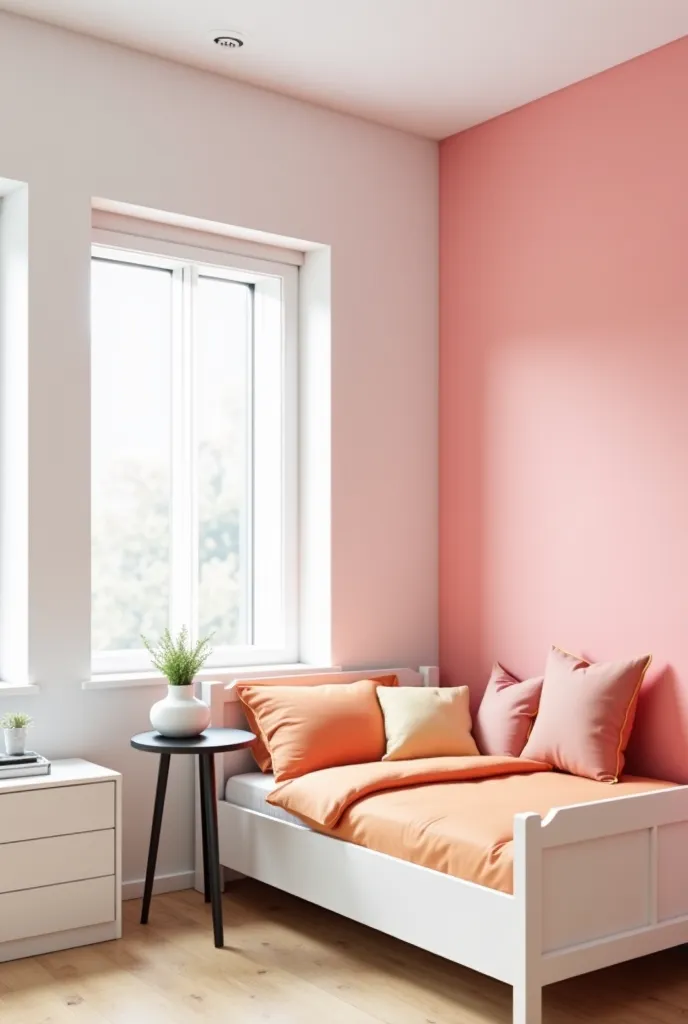 Create an image that is a woman's room: the wall on the left white with a white wall cabinet. The back wall with a window, the wall on the right painted pink and the wall on the front also. Put a 1-seater white wooden bed with light orange padding, away a ...