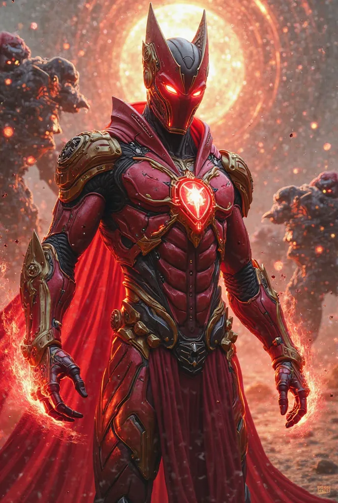 "A futuristic armored superhero with sleek red and gold nanotech armor infused with glowing crimson mystical runes. The helmet has a sharp, angular design with glowing red eyes, and the hands radiate powerful red energy orbs mixed with technological circui...