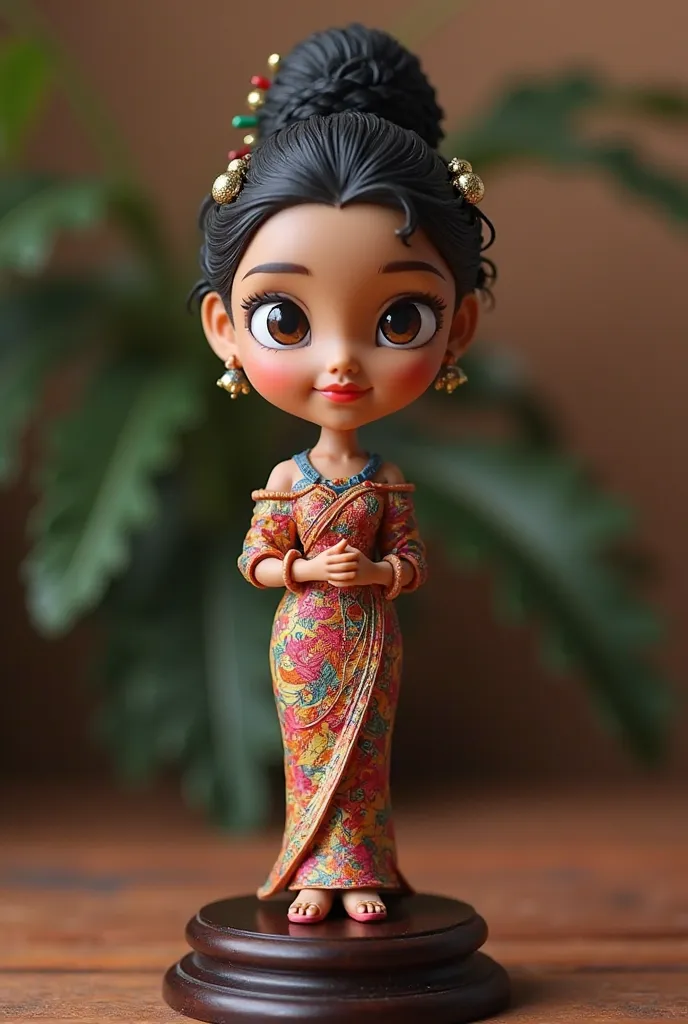 "A  highly detailed, realistic bobblehead figurine of a Malaysian woman.  The figurine stands on a polished wooden base. Low angle camera.