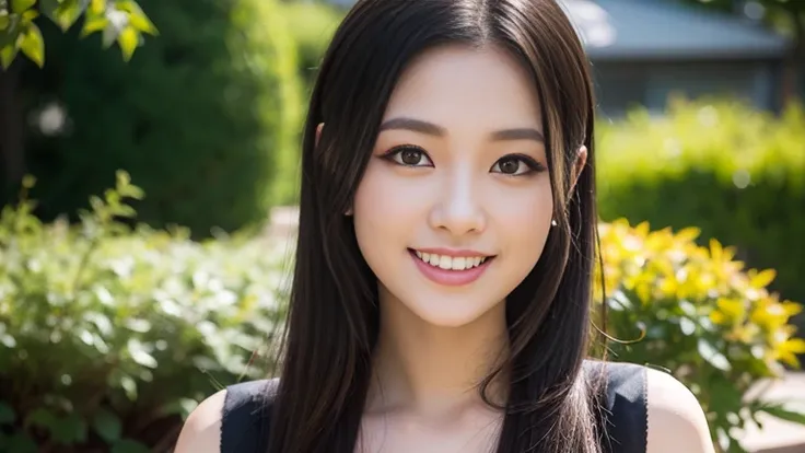 (Only 1 person),  pure Japanese young girl sitting in a traditional garden,  wears a gothic style dress and accessories, Exposed underwear, stockings, high heels,  Vivid Makeup and Lips ,  thick eyebrows, formal black hair style,  Sweet Smile,   has the co...