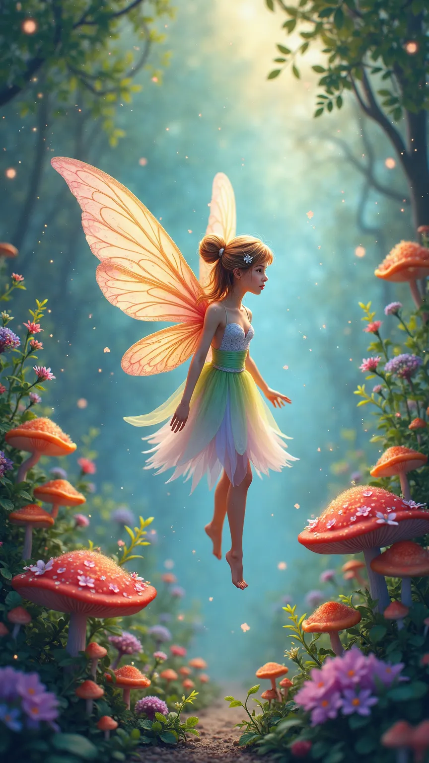 watercolor,pastelcolor,colorful,fairy,fairy wings,flowers,plants,mushroom,light particles,