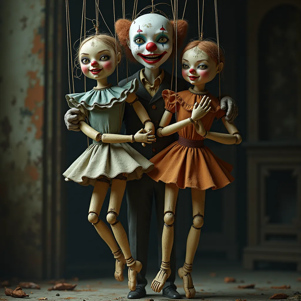 three old wooden puppets in dirty and old style, A clown, A happy magician and a ballet dancer hanging tangled